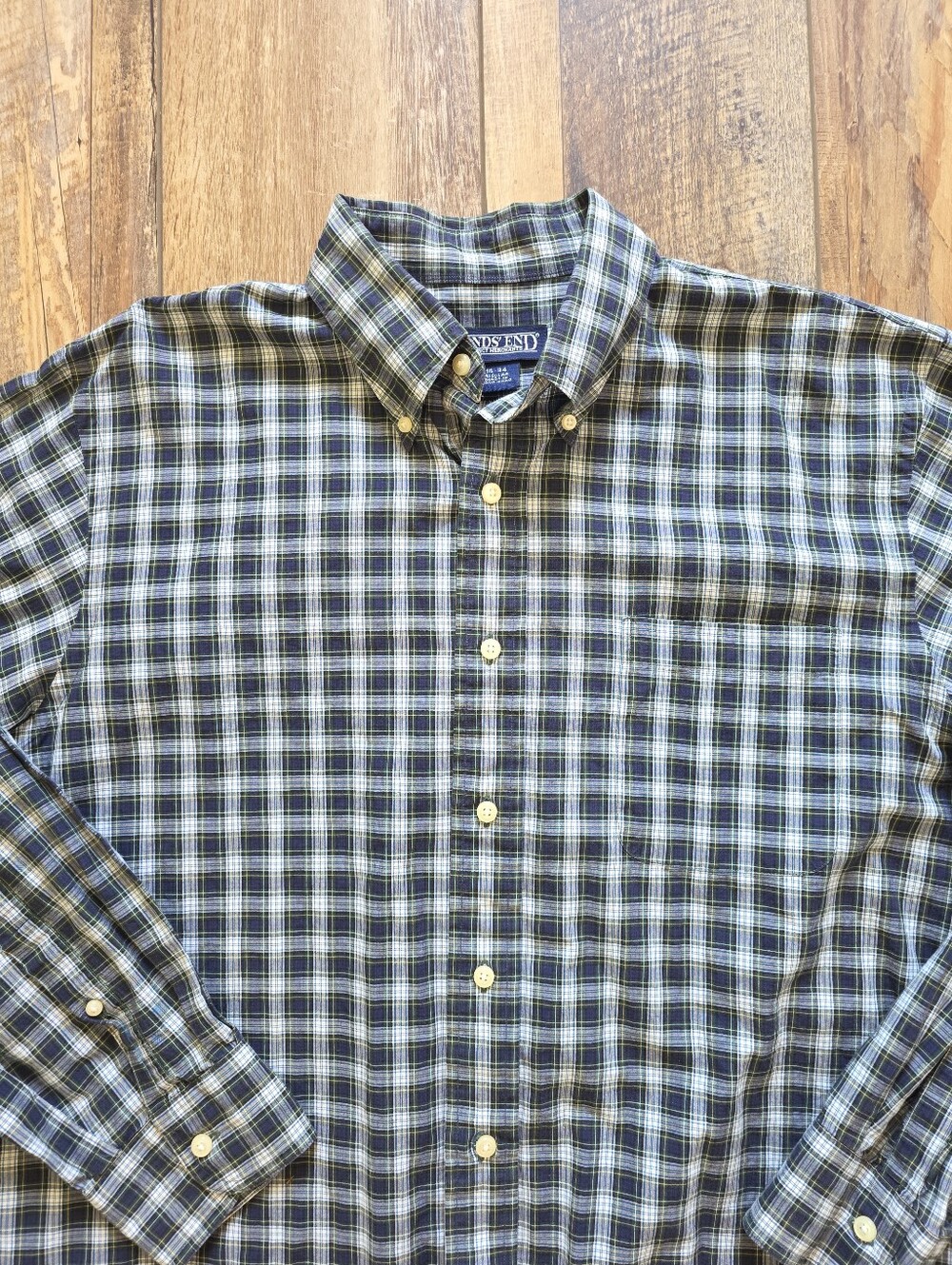 Lands' End - Vintage 90s Direct Merchants Plaid Shirt - 16-34 - Green Navy Plaid